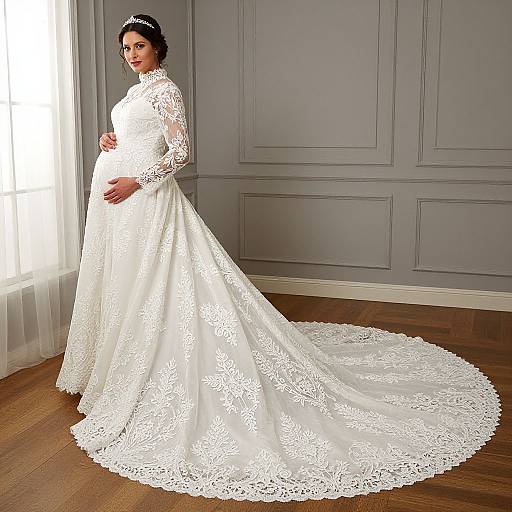 Photograph of a pregnant woman in a full-length, white lace wedding dress with a long train, standing in a gray-paneled room with wooden floors