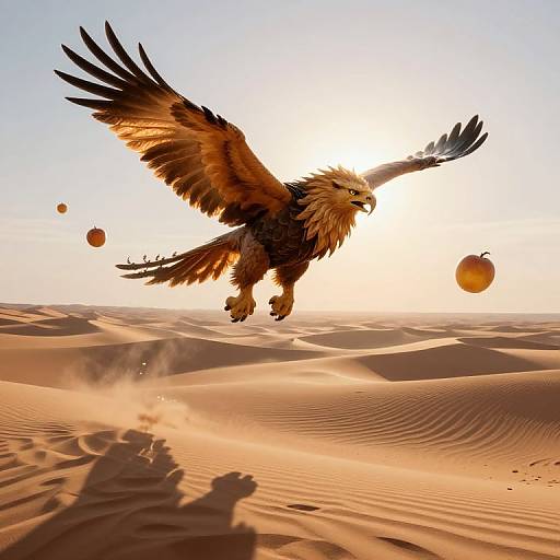 Surreal Griffin Flying Over Desert with Floating Fruits