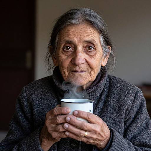 Elderly Woman with Steaming Cup