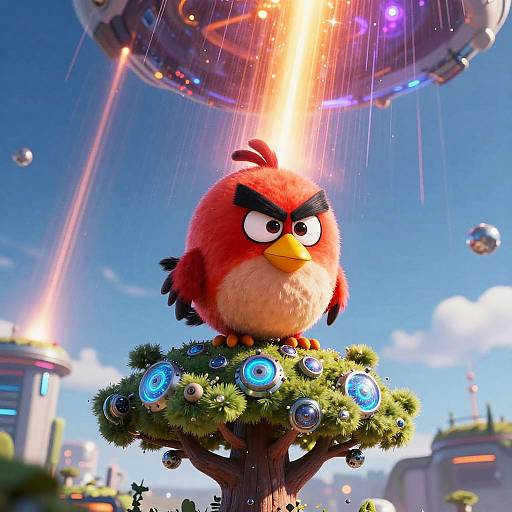 Cybernetic Angry Bird on Futuristic Tree