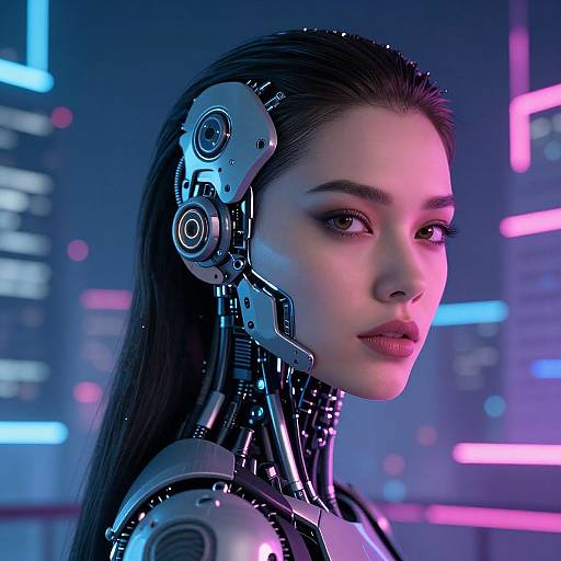 Digital CGI of a cybernetic woman with sleek, metallic headgear, glowing blue and pink cityscape background, futuristic style.