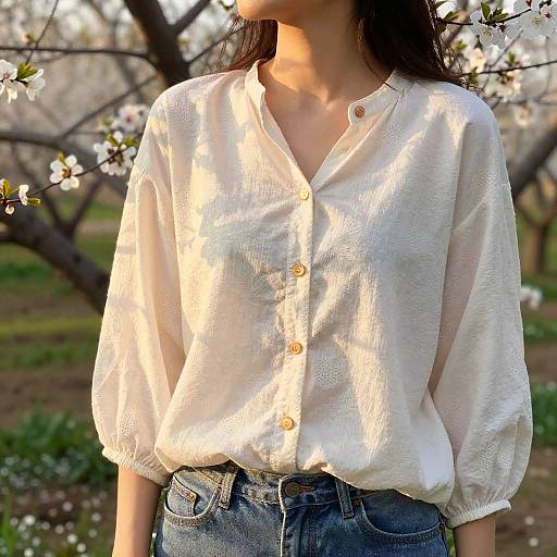 Photograph of an Asian woman with long black hair, wearing a white button-up blouse and blue jeans, standing in a sunlit orchard with blo