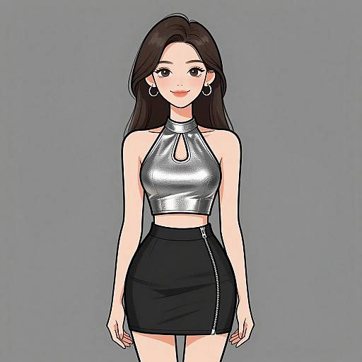Digital anime-style drawing of a young woman with long black hair, wearing a shiny silver crop top and black high-waisted skirt, against a plain