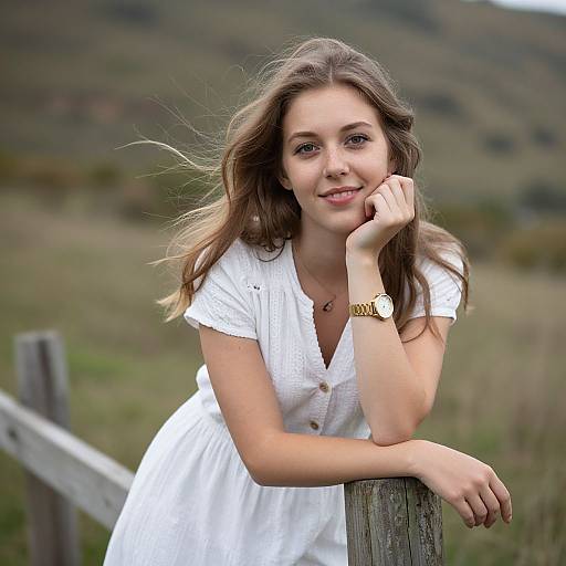 Photograph of a smiling young woman with long brown hair, wearing a white dress and gold watch, leaning on a wooden fence in a grassy,