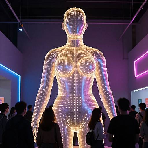 Photograph of a glowing, pixelated, nude female figure with illuminated breasts and torso, surrounded by a dark room with neon blue and pink lights and