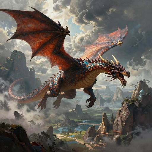 Digital fantasy artwork of a red, winged dragon with blue and gold accents soaring over a dramatic, cloud-filled, mountainous landscape.