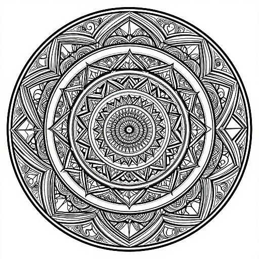 Intricate black and white mandala design with geometric patterns, featuring interlocking shapes and repetitive motifs, creating a symmetrical, circular artwork.