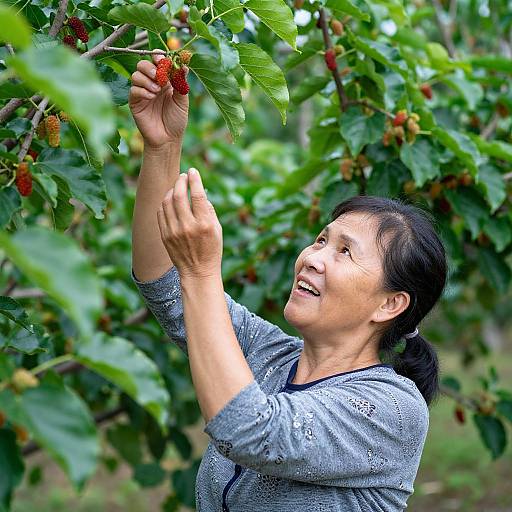 Photograph of a smiling Asian woman with black hair, wearing a blue patterned shirt, picking a red strawberry from a lush green strawberry plant.