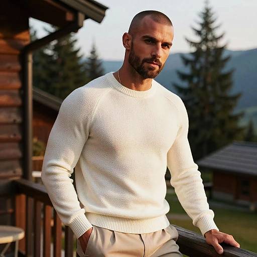 Photograph of a bearded, muscular man in a white knit sweater and beige pants, standing on a wooden porch with trees and mountains in the background