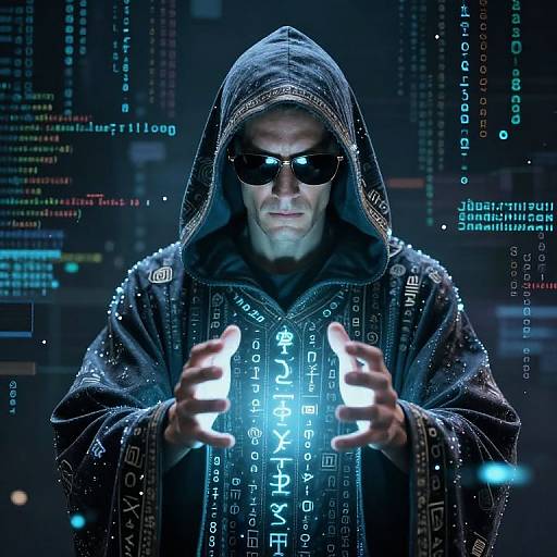 Mysterious Hooded Coder with Glowing Symbols