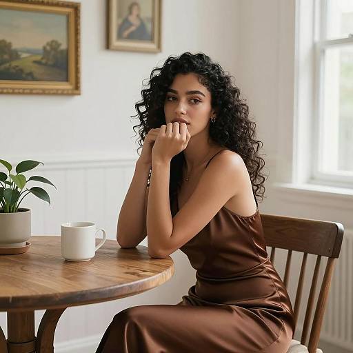 Elegant Woman in Satin Dress at Table