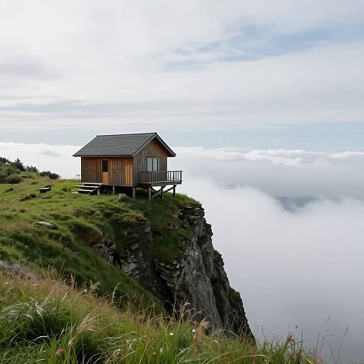 Photograph of a wooden cabin perched on a grassy cliff, overlooking a misty, cloud-covered valley below, under a cloudy sky.