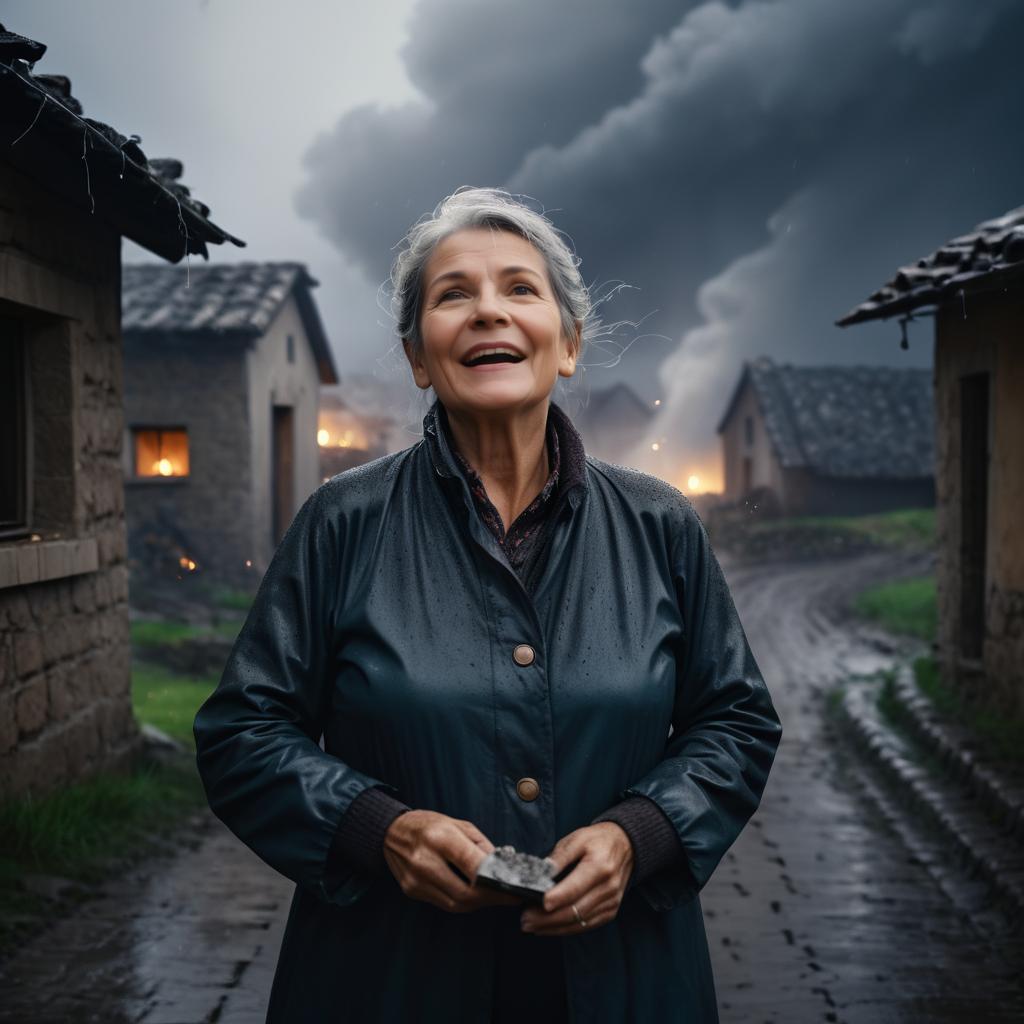 Joyful Woman in Stormy Village Portrait