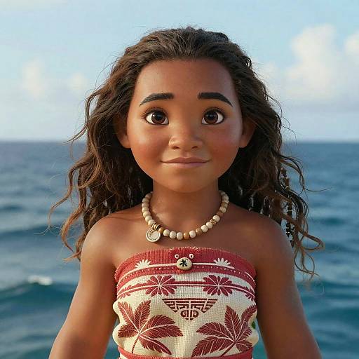 Photorealistic CGI of a young girl with dark curly hair, brown eyes, and tan skin, wearing a red and white floral strapless top and