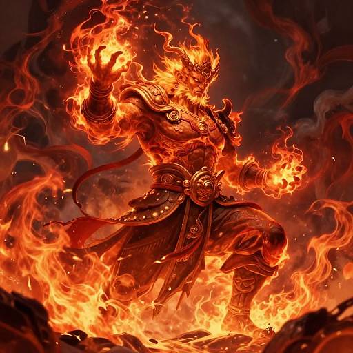 Digital artwork of a muscular, horned, fire-wielding demon in ornate red armor, surrounded by intense flames, with a dark, smoky