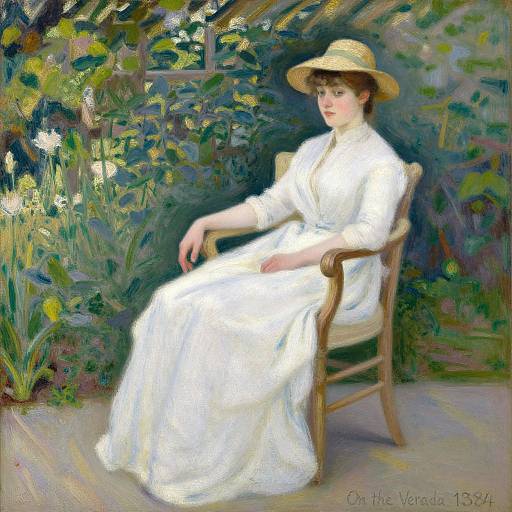 Impressionist painting of a fair-skinned woman in a white dress and straw hat, seated in a wooden chair amidst lush garden foliage. Signed 