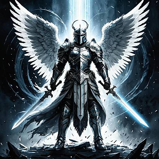 Armored Angelic Warrior with Glowing Swords
