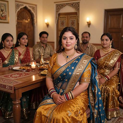Photograph of a South Asian woman in a golden and blue sari, adorned with jewelry, seated at a wooden table in an ornately decorated room