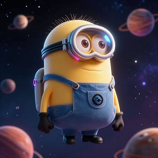 CGI image of Minion-style character with yellow body, blue overalls, goggles, black gloves, and backpack, floating in a starry space