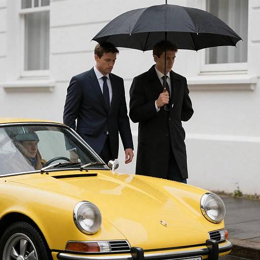 Rainy Day: Suited Men by Yellow Car