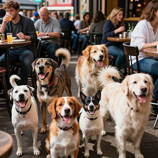 Photograph: Six happy, diverse dogs with collars sit in front of outdoor cafe patrons, who sip drinks, creating a lively urban scene.
