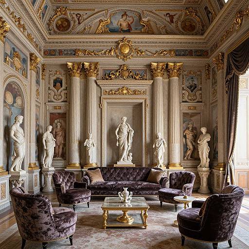 Luxurious Baroque-style room with gold-accented columns, detailed ceiling frescoes, dark velvet armchairs, and six classical marble statues surrounding