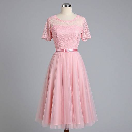 Photograph of a pastel pink, lace-capped, short-sleeve, knee-length dress with a pleated tulle skirt and a matching