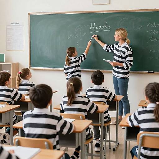 Photograph of a classroom: Blonde female teacher in striped shirt writing on blackboard, six students in matching striped shirts seated at desks. Bright, orderly