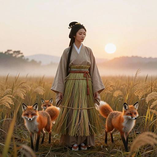 Photograph of an Asian woman in traditional Korean hanbok with straw skirt, standing in golden rice field at sunset, surrounded by three red foxes