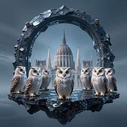 Digital art: Six realistic owls stand on a metallic, reflective platform under a jagged arch, with a gothic cathedral in the misty background