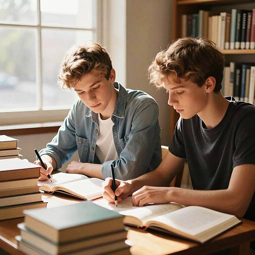 Teen Boys Studying in Cozy Library