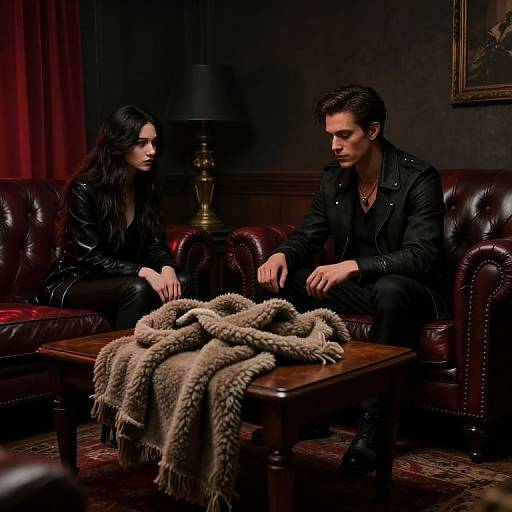 Photograph of a dark, moody room with two people in black leather jackets sitting on red leather couches, focusing on a draped beige fur blanket