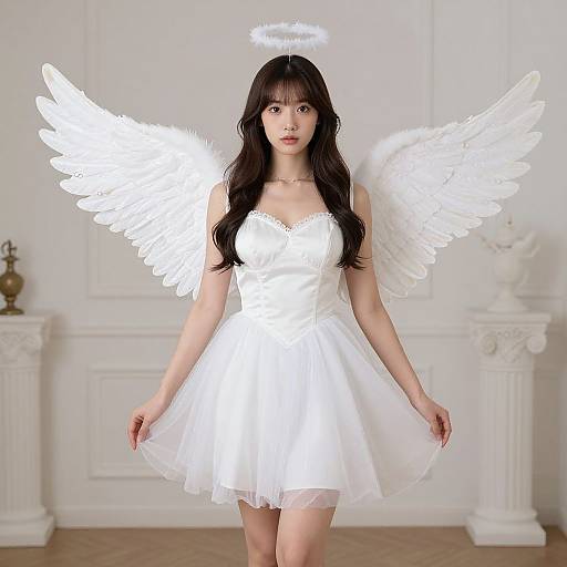 Photograph of an Asian woman with long black hair, wearing a white angel dress, halo, and white feather wings, standing in a white-walled