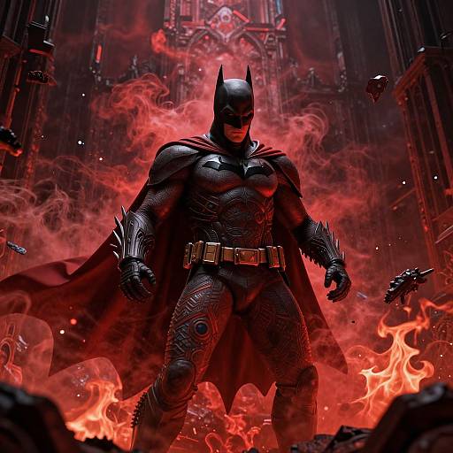 Digital artwork of Batman standing powerfully in a fiery, gothic cathedral with red smoke, wearing a black armored suit and cape.