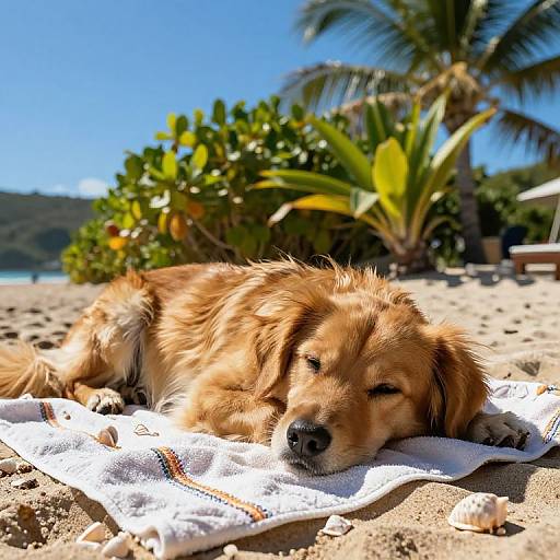 Golden retriever dog sleeping on white towel on sunny beach, with palm trees and blue sky in background. Photograph.