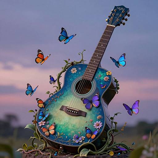 Photograph of a blue-green, flower-decorated acoustic guitar surrounded by colorful butterflies, set against a twilight sky with soft pink and purple hues.