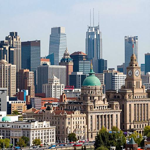 Photograph of a vibrant cityscape featuring a mix of modern skyscrapers and historic buildings, with a prominent clock tower and green-domed structure in