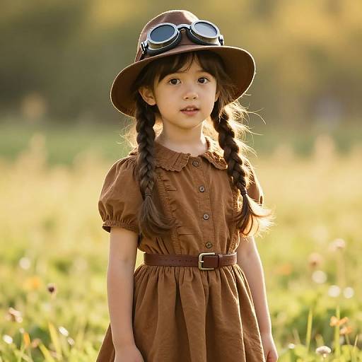 Photograph of a young Asian girl with long braided hair wearing a brown dress and aviator hat with goggles, standing in a sunlit, grass