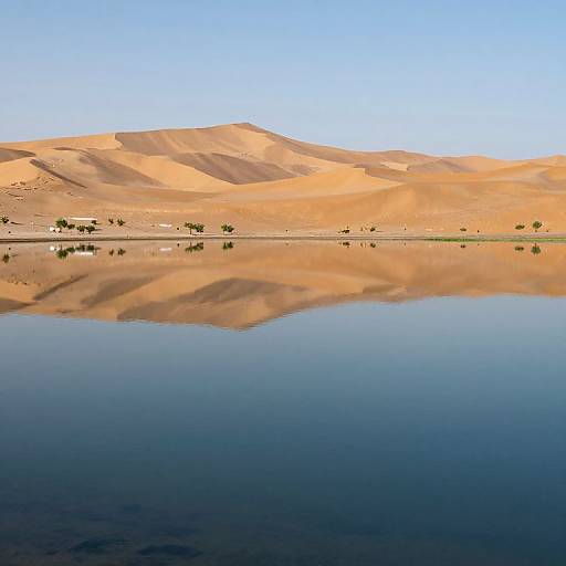 Photograph of a serene desert landscape with golden sand dunes reflected in a calm, mirror-like water body under a clear blue sky.