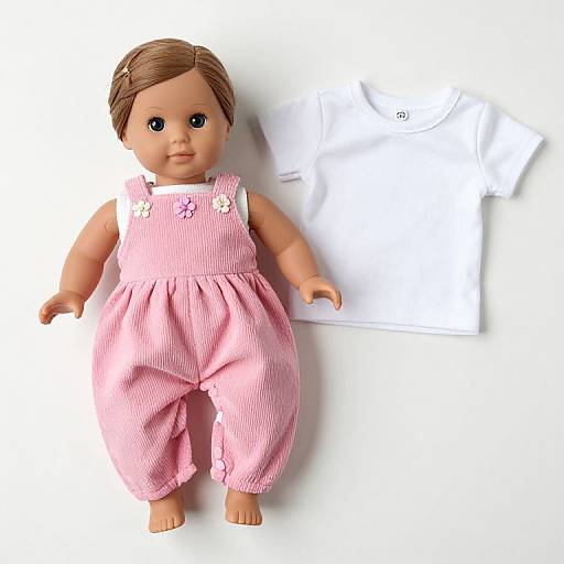 Photograph of a plastic doll with light brown hair, wearing pink, puffy, striped overalls with floral buttons, standing against a white background.