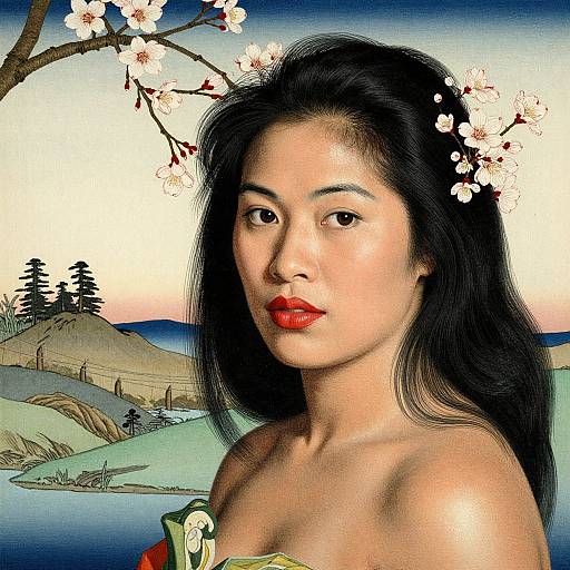 Digital portrait of an Asian woman with long black hair, red lips, and cherry blossoms in the background, set against a serene landscape.