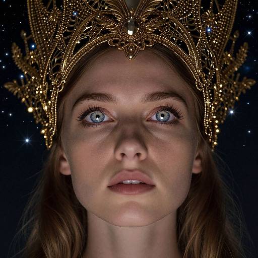 Close-up photograph of a fair-skinned woman with striking blue eyes, wearing an ornate, golden, jeweled crown against a dark, starry