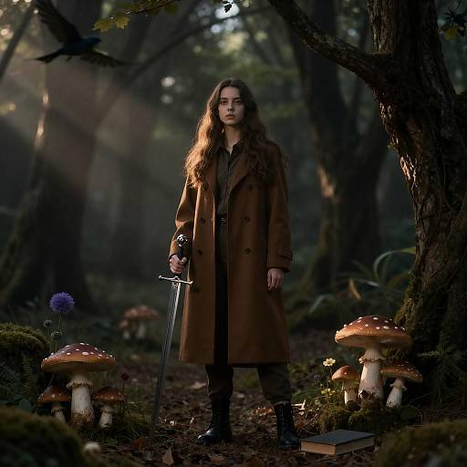 Young Woman with Sword in Enchanted Forest