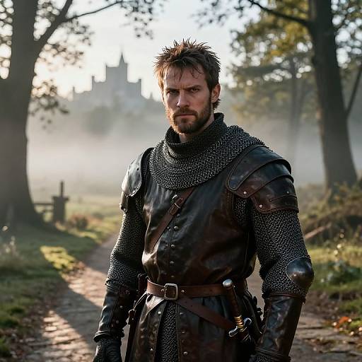 Photograph of rugged, bearded man with spiky hair in medieval armor standing on misty forest path, sunlight filtering through trees.