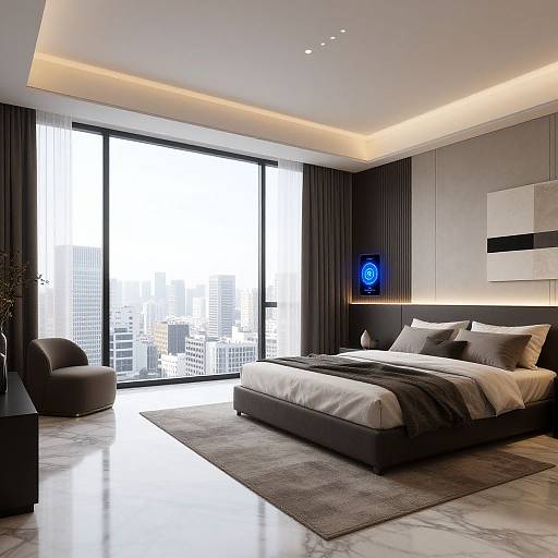 Modern bedroom photograph: sleek black and white bed with gray throw, large window with cityscape view, recessed ceiling lights, dark curtains, gray arm