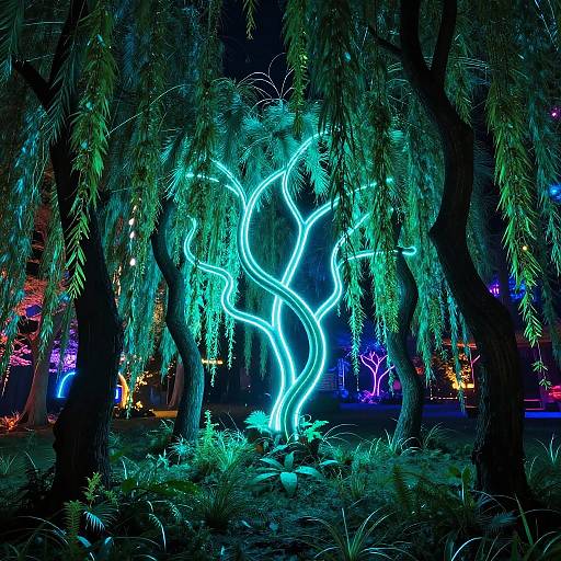 Glowing Neon Willow Trees in Night Forest