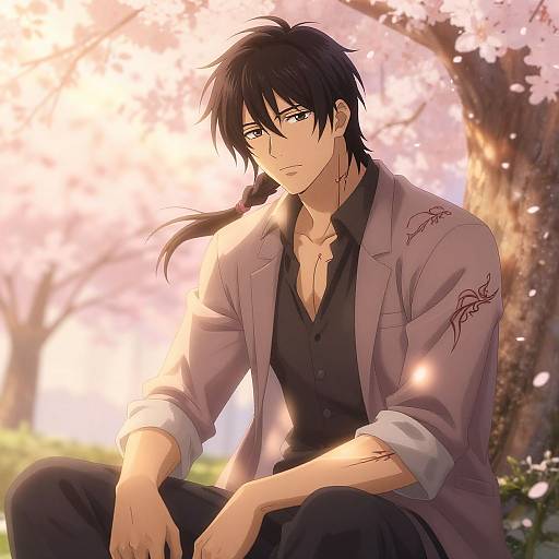 Digital anime artwork of a black-haired man with a braided ponytail, wearing a light gray jacket and black shirt, sitting under pink cherry blossoms