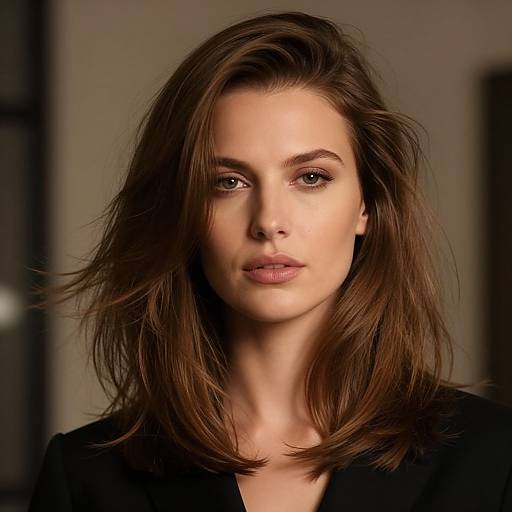 Photograph of a young woman with light skin, brown wavy hair, and brown eyes, wearing a black top, looking directly at the camera with