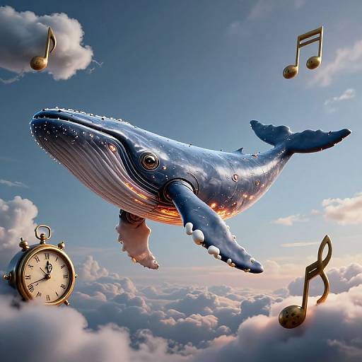 Photorealistic digital art of a blue, shiny whale with musical notes and a pocket watch floating in a cloudy sky.