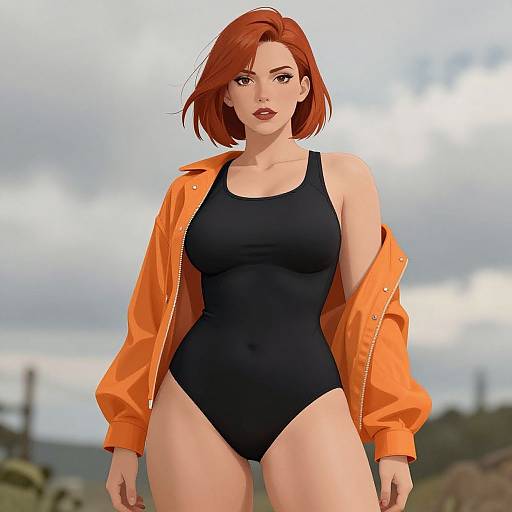 Digital art of a red-haired woman with fair skin, wearing a black one-piece swimsuit and orange jacket, standing outdoors against a cloudy sky.